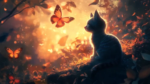 Curious twilight kitten studies lantern-bright butterflies