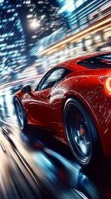 Midnight red sports car racing through glowing city lights.