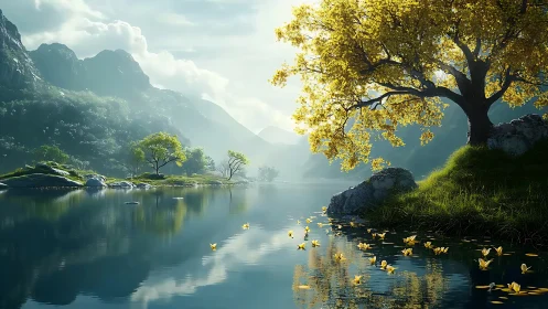 Luminous lakeside tree with volumetric light and calm reflections.