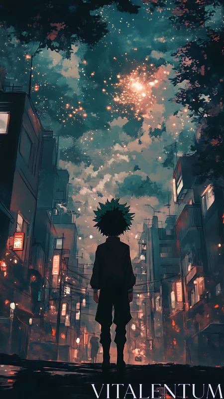 Nocturnal urban canyon under nebular particulate skyfield.