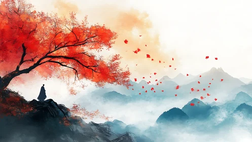 Solitary robed figure surveys misty valley beneath crimson tree