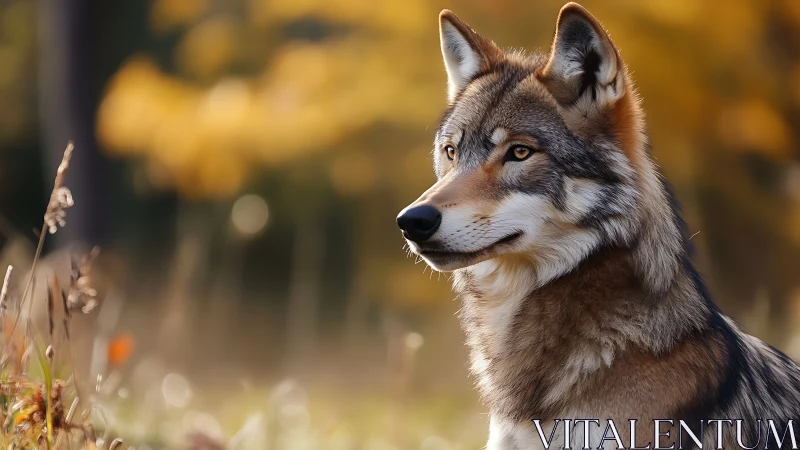 Golden hour wolf gazing calmly across an autumn meadow.