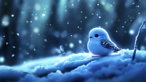 Blue Bird on Snowy Branch with Butterfly in Winter Setting