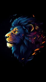 Vibrant neon lion profile against deep black background.