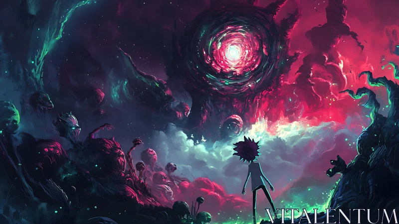 Cosmic rift awakens above a lone wanderer of nightmares.