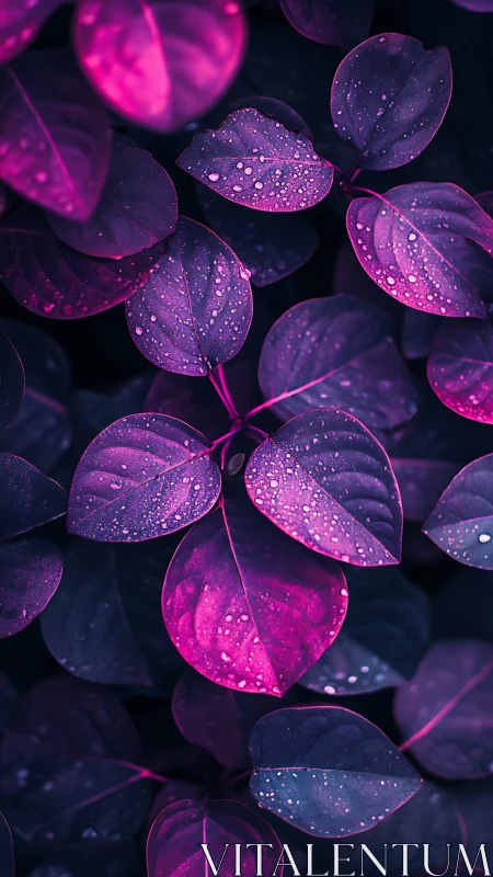 Dreamy neon leaves glowing softly after gentle rain.