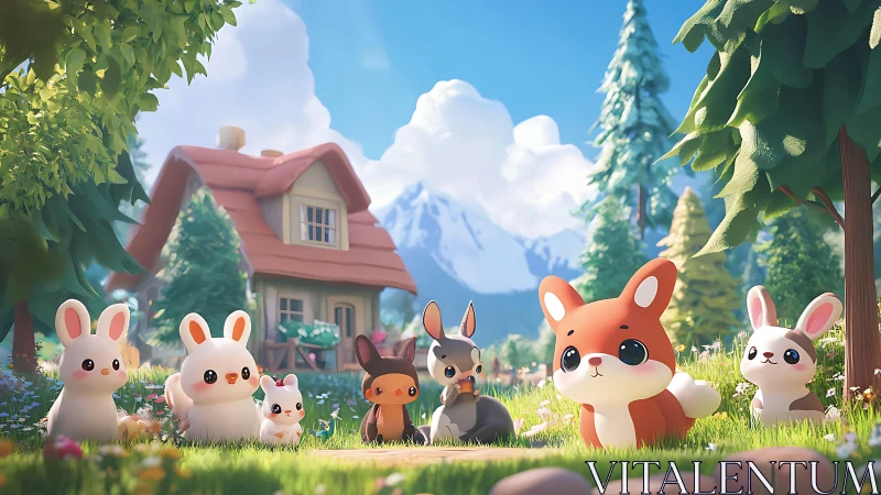 Anthropomorphic woodland animals sit before a rural cottage