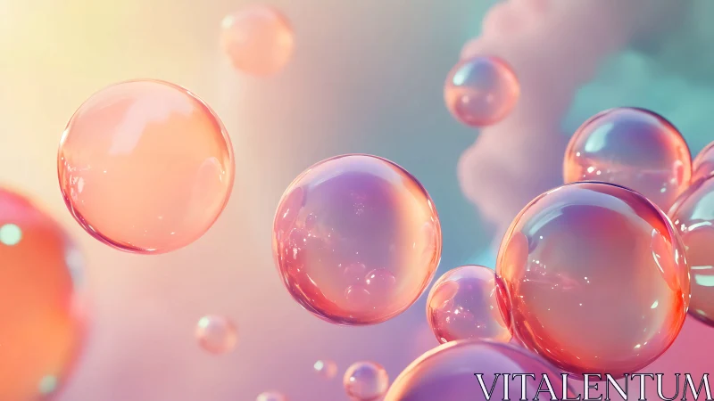 Translucent soap bubbles float in soft pastel colored light
