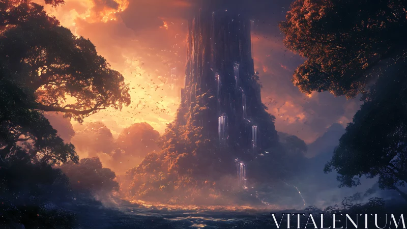 Towering bioluminescent spire in twilight forest realm.