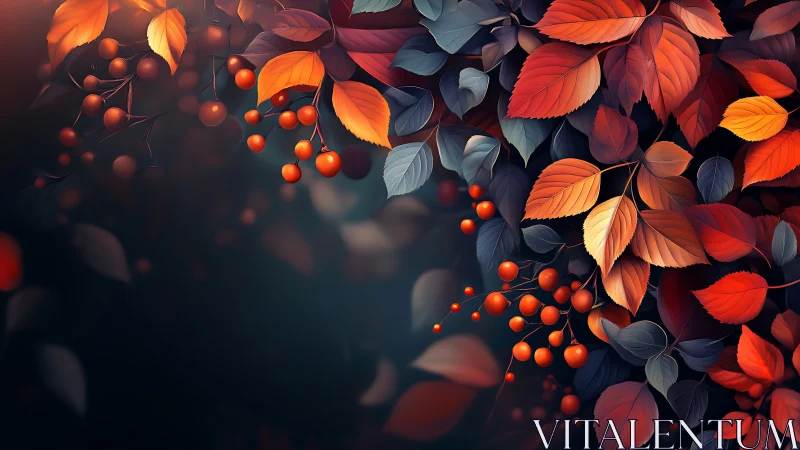 Autumn foliage and berries on dark gradient background.