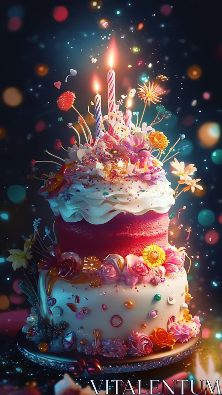 Glowing Tiered Birthday Cake with Illuminated Candles and Vibrant Floral Arrangement.
