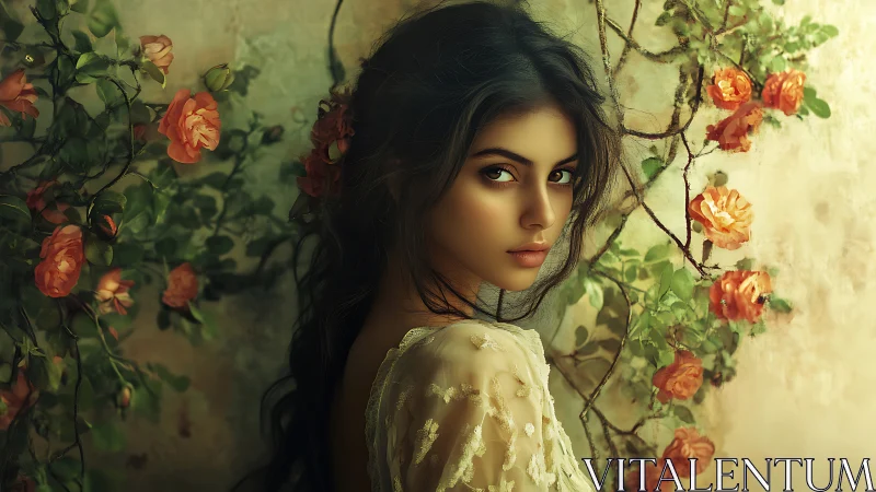 Mystical woman among roses gazes back in golden dusk light