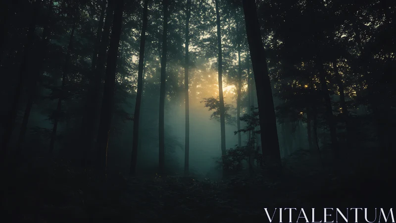 Misty Forest Corridor with Backlit Golden Hour Illumination Through Dense Canopy