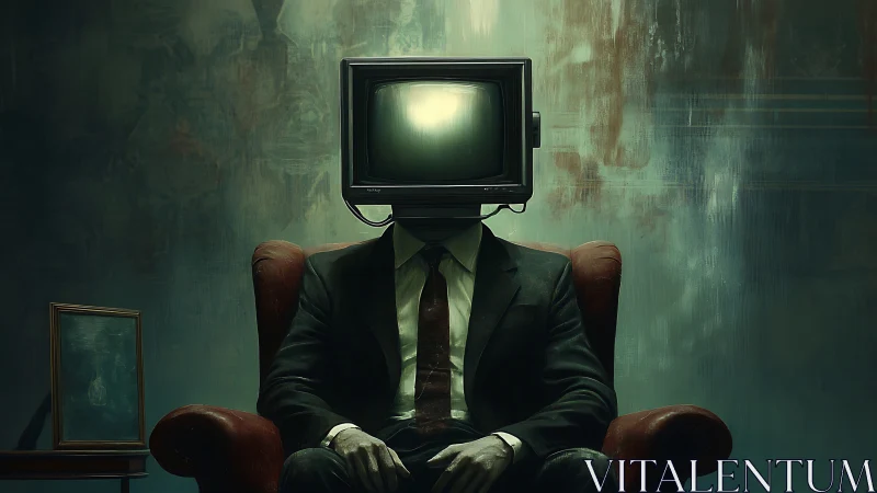 Anthropomorphic TV-headed figure in chiaroscuro armchair composition