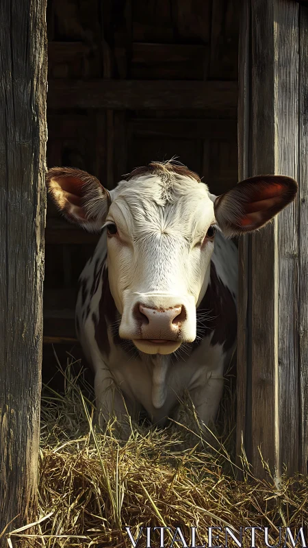 Curious barn cow framed in weathered wooden doorway.