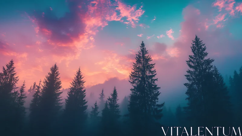 Coniferous Forest Silhouettes Against Sunset Sky