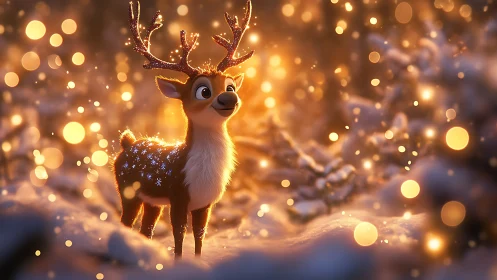 Snowy forest reindeer glowing with cozy winter magic.