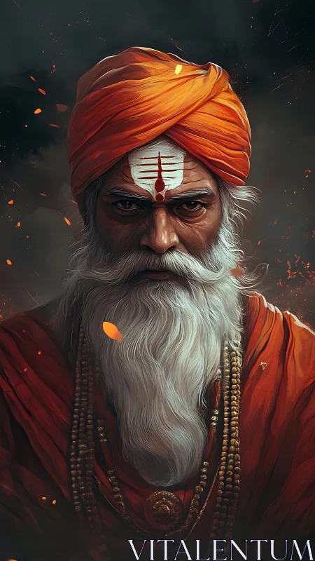 Embers orbit the sage whose gaze carves silence from fire