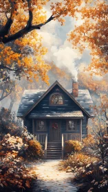 Smoky blue cabin cradled by drifting autumn golds.