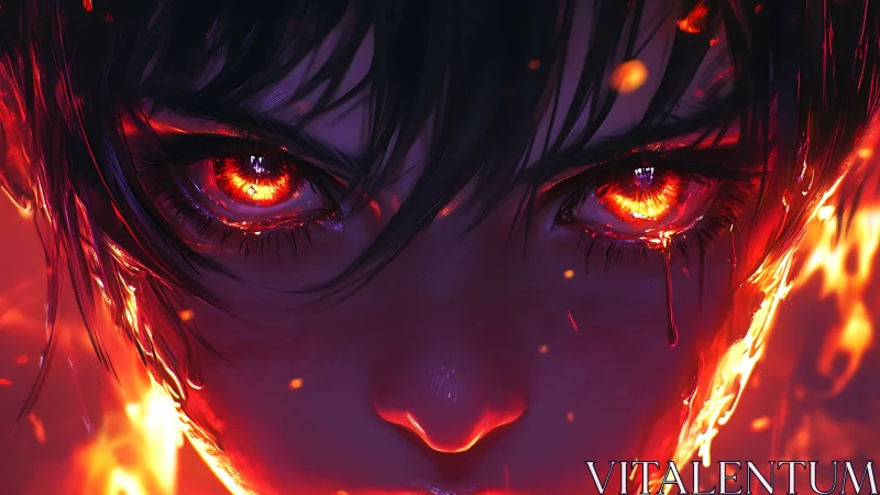 Fiery anime gaze with molten eyes and burning resolve.
