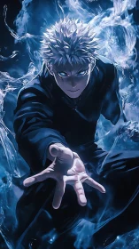 Blue-eyed sorcerer commands swirling ethereal energy field.