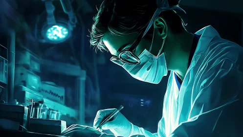 Surgeon works under bright operating light in blue tones