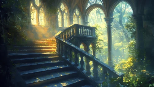 Gothic stone staircase in overgrown arboreal cloister light study.