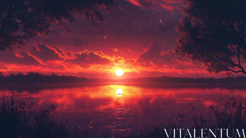 Crimson volumetric sunset over still lake with silhouetted trees