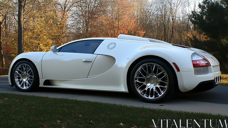 White mid‑engine hypercar with chrome alloy wheels in autumn setting