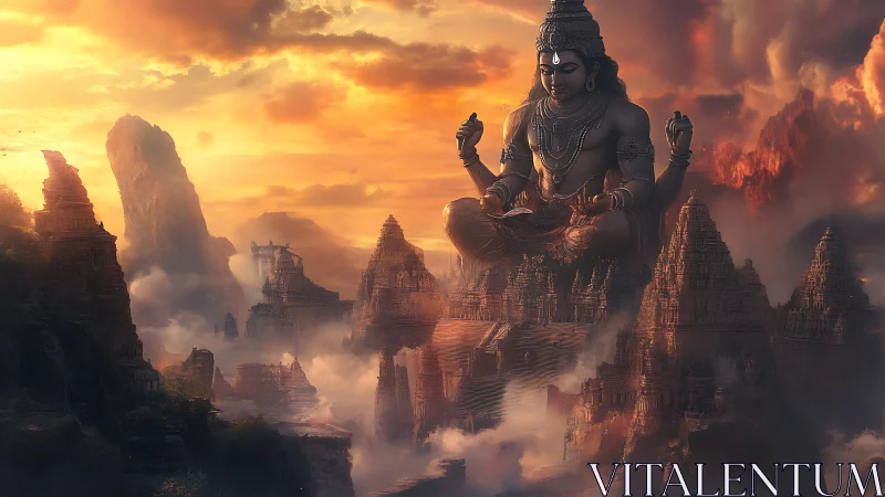 Colossal meditative deity overlooks misty temple mountains.