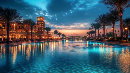 Lagoon of lantern light beneath a glowing desert sunset.