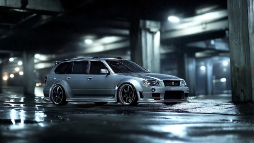 Sleek silver wagon glowing under rainy city lights.