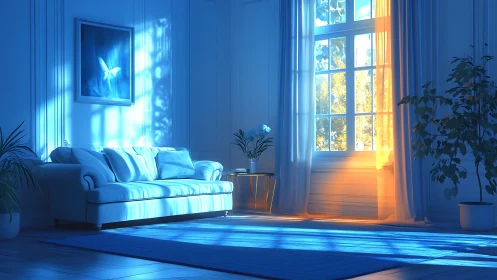 Sunlit blue living room glowing with gentle morning warmth.