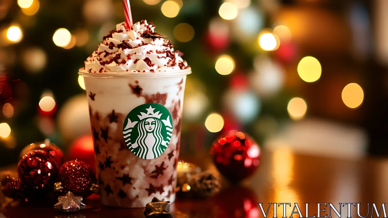 Festive holiday drink stands before glowing Christmas lights.