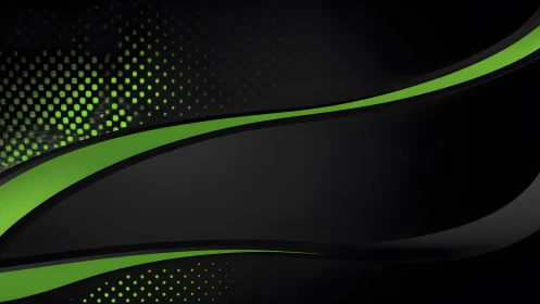 Abstract black background with green curved lines and dot pattern.