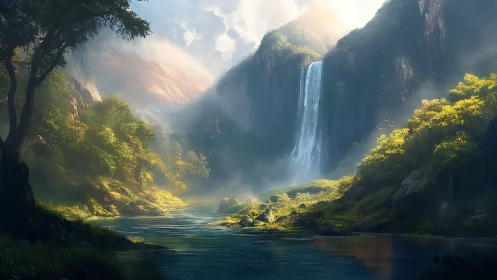 Emerald mistfall valley where sunlight stitches quiet dreams.