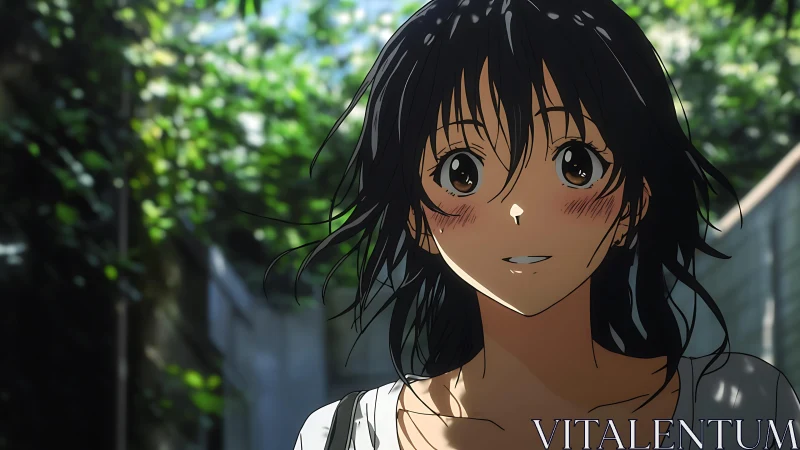 Smiling anime girl walks outdoors under soft dappled sunlight.