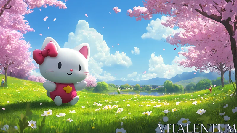 Spring meadow cat mascot under stylized cherry blossoms in bloom