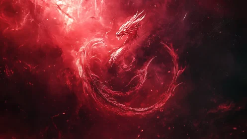 Helical crimson nebula-dragon formed from plasma vortices.