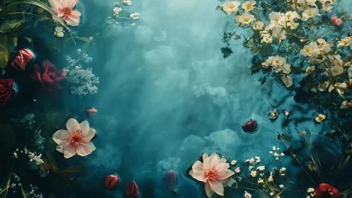 Floral Composition in Teal Water with Pink and Cream Blooms