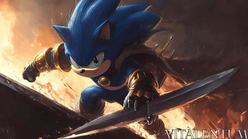 Blue speed hero leaping into a fiery, sword-lit charge.