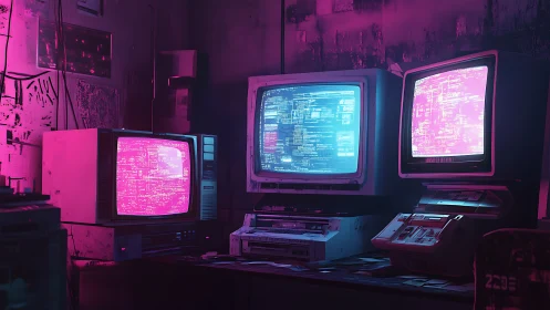 Retro CRT terminals glow in neon-lit cyberpunk hacker den