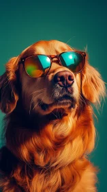 Golden retriever portrait with mirrored sunglasses, teal ground