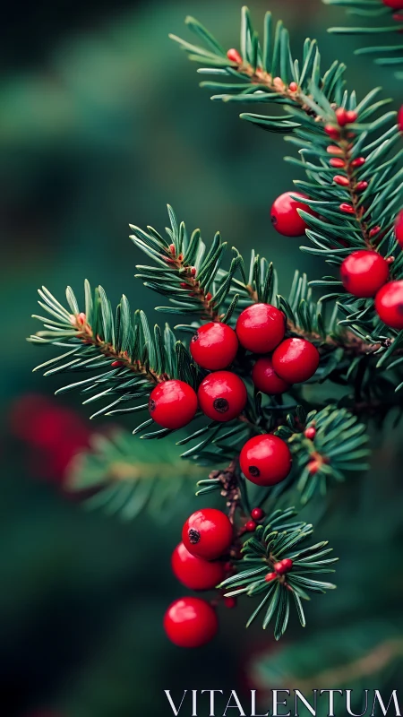 Evergreen branch holds clusters of glossy red berries