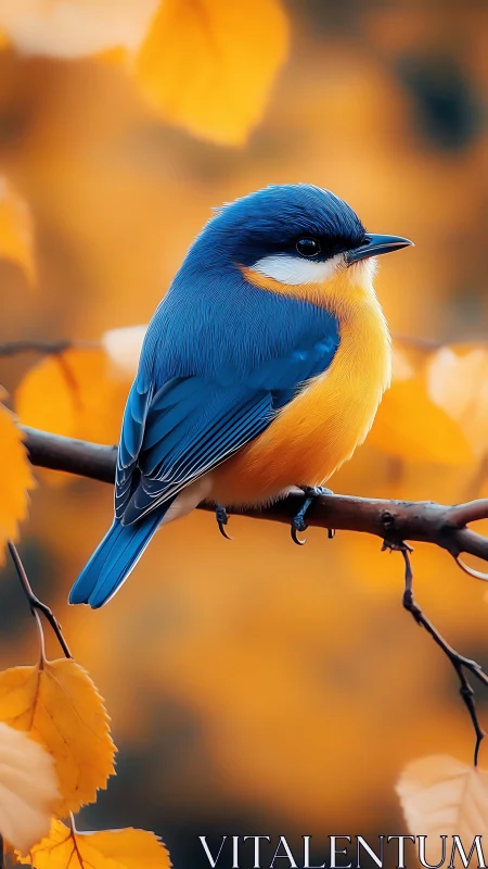 Blue songbird rests among glowing golden autumn leaves.