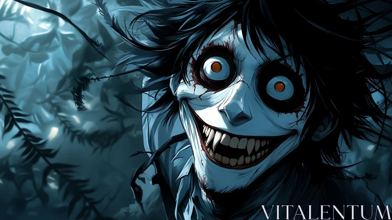 Sinister forest smile with wide eyes and eerie laughter.