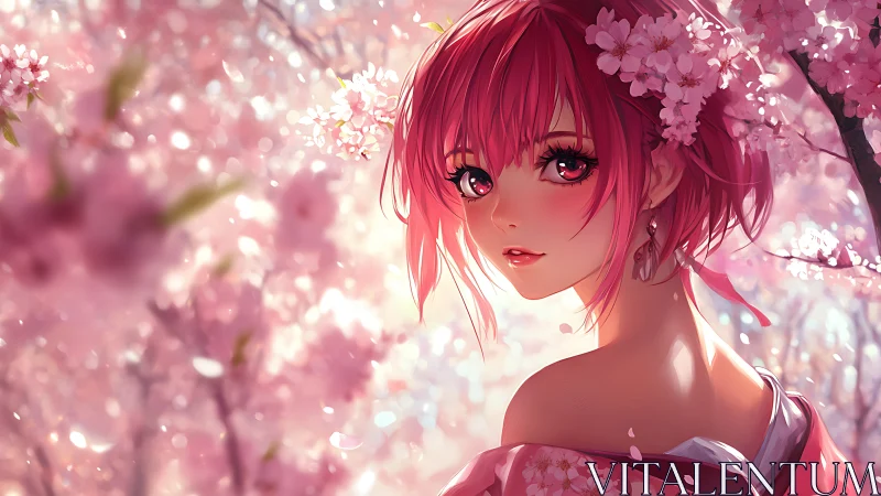 Anime portrait uniting pink-haired heroine with luminous sakura bokeh