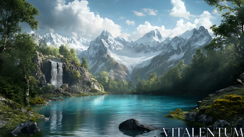 Glacial alpine lake with cascading waterfall and sunlit peaks.