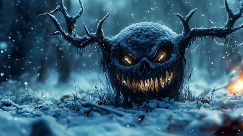 Snowbound demonic tree skull glows through winter blizzard
