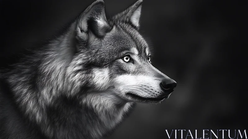 Monochrome profile portrait of a wolf with high detail fur.